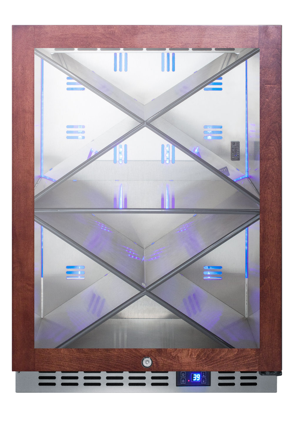 Built-in outdoor commercially listed wine cellar with stainless steel interior, diamond style shelving, digital controls, and stainless steel cabinet